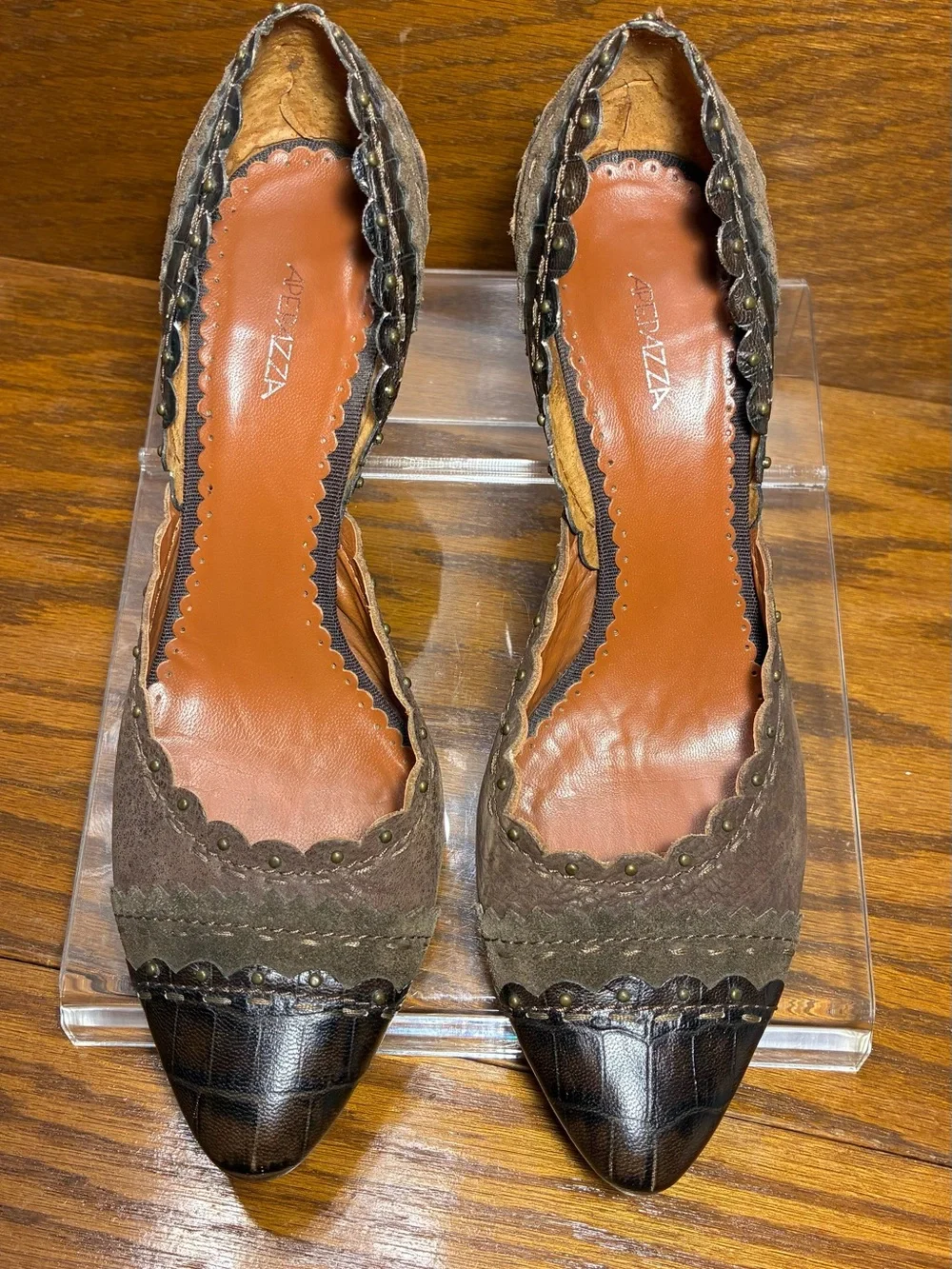 Apepazza Stud Accent Scalloped Trim Cap Toe Leather Heels Brown IT 37.5 US 7.5
